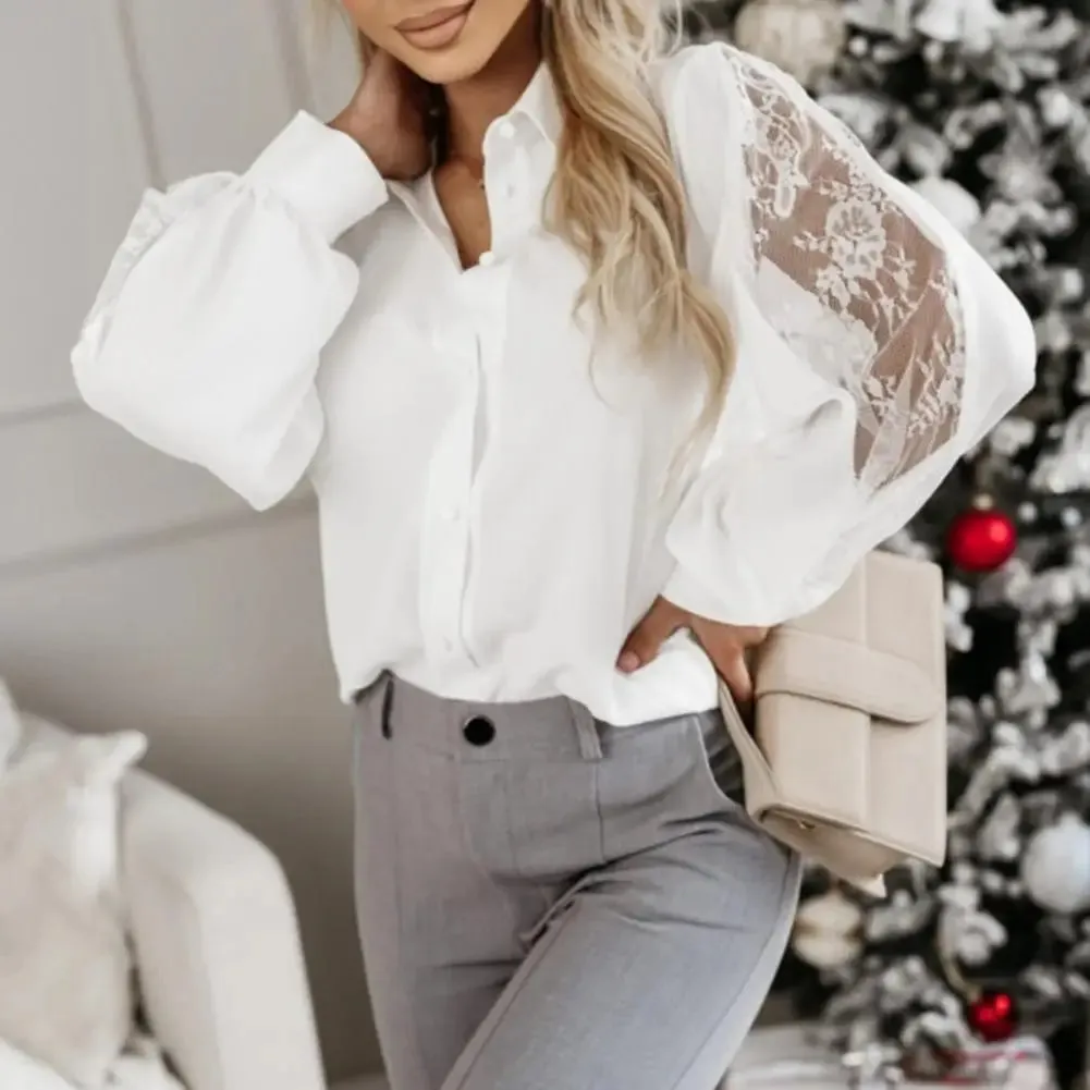 Women Shirt Lace Flower Long Sleeve Turn-down Collar Commute Blouse