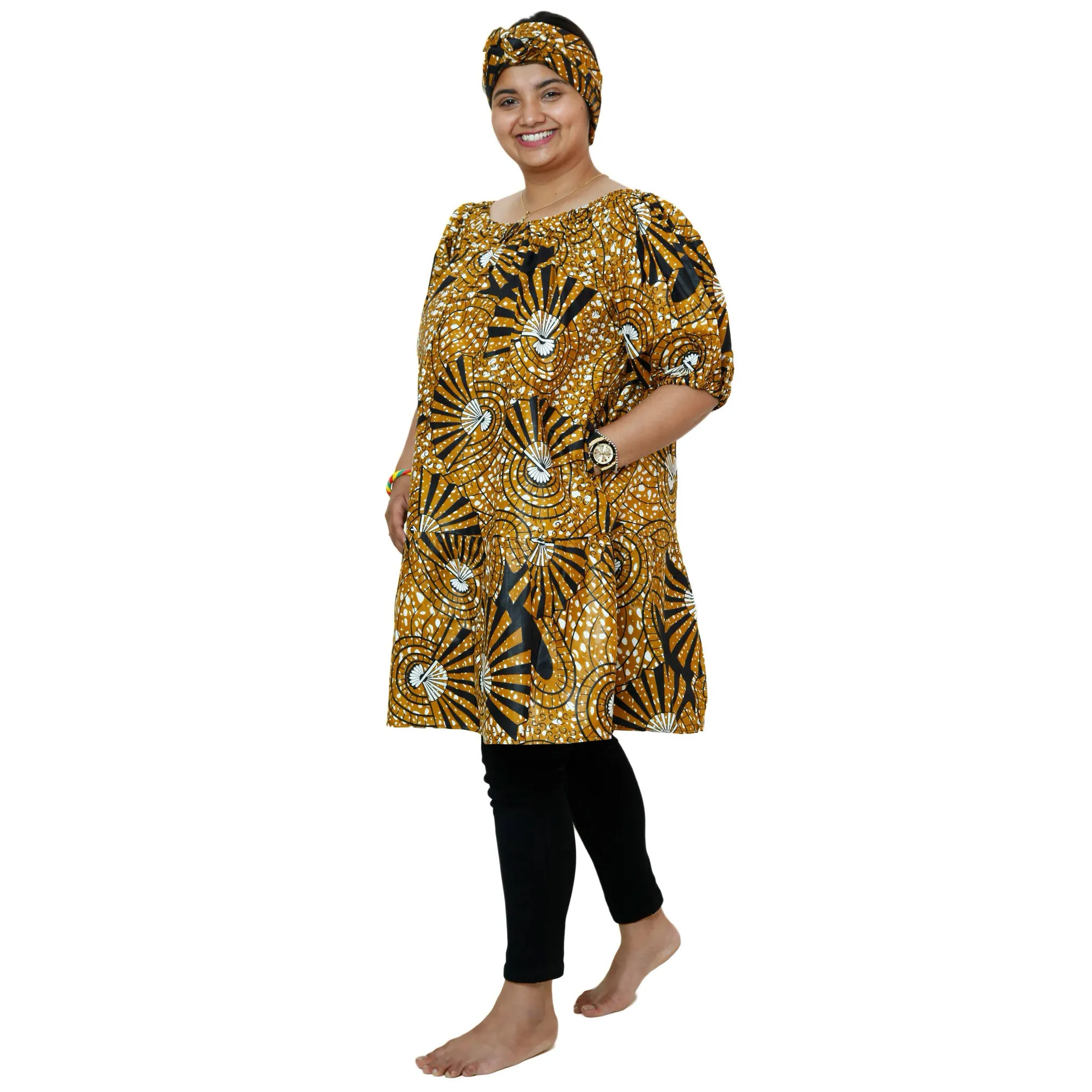 Women's African Print Short Sleeve Off Shoulder Dress - FI-2051
