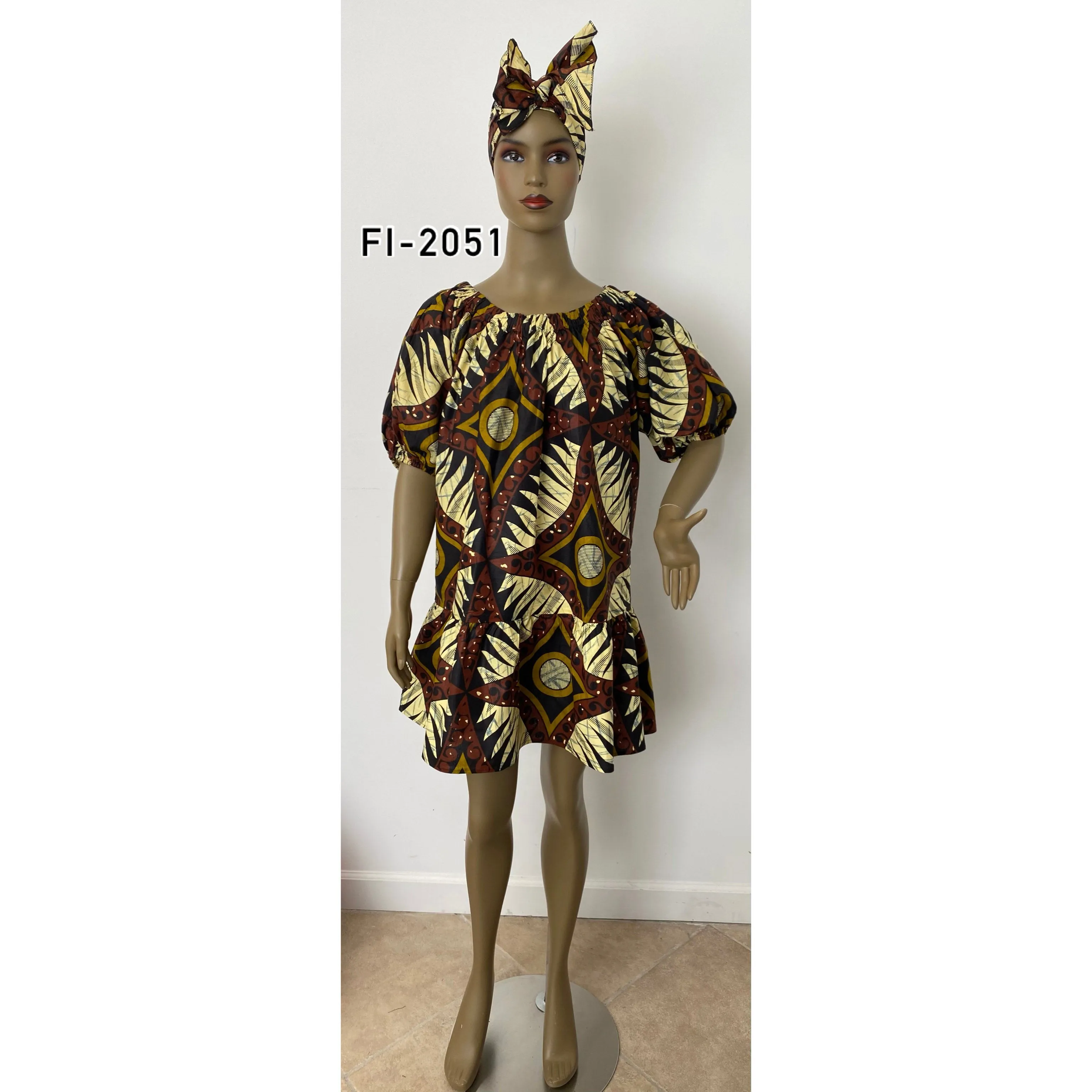 Women's African Print Short Sleeve Off Shoulder Dress - FI-2051