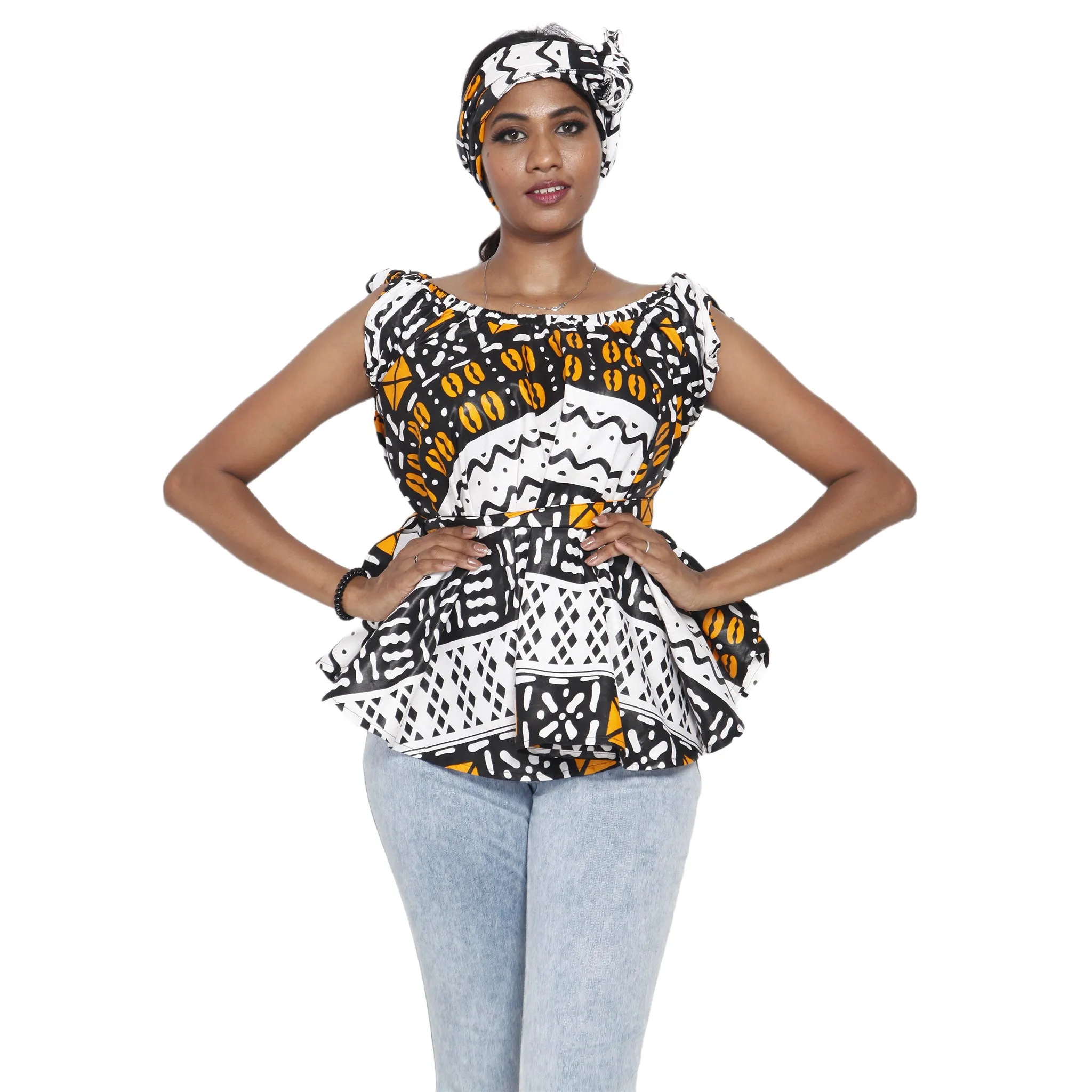 Women's African Printed Short Sleeve Peplum Top FI-2033