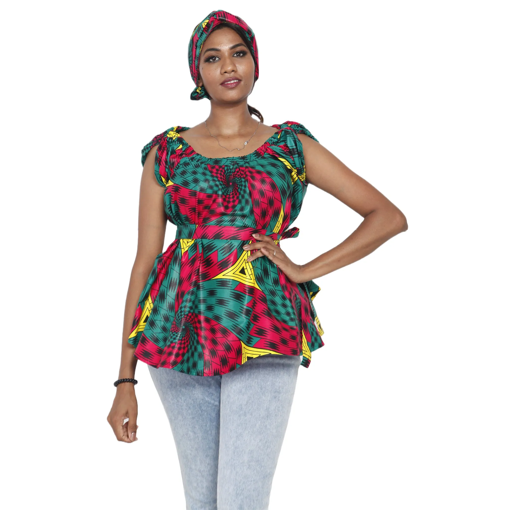 Women's African Printed Short Sleeve Peplum Top FI-2033